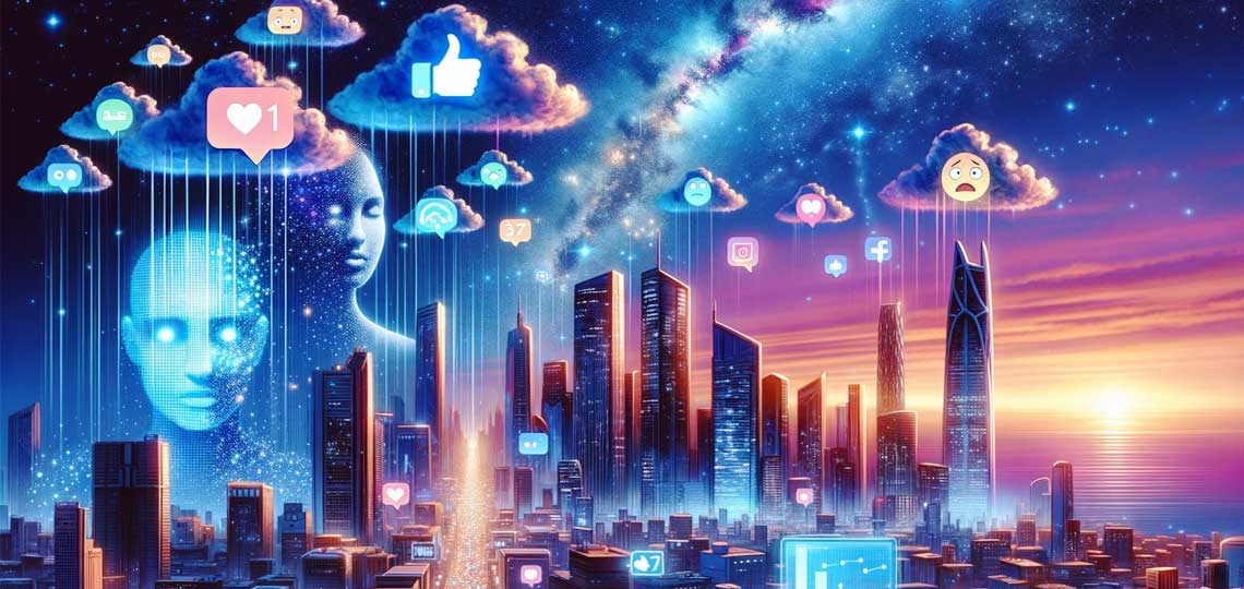 metropole du futur sous une nuit etoilee avec hologrammes