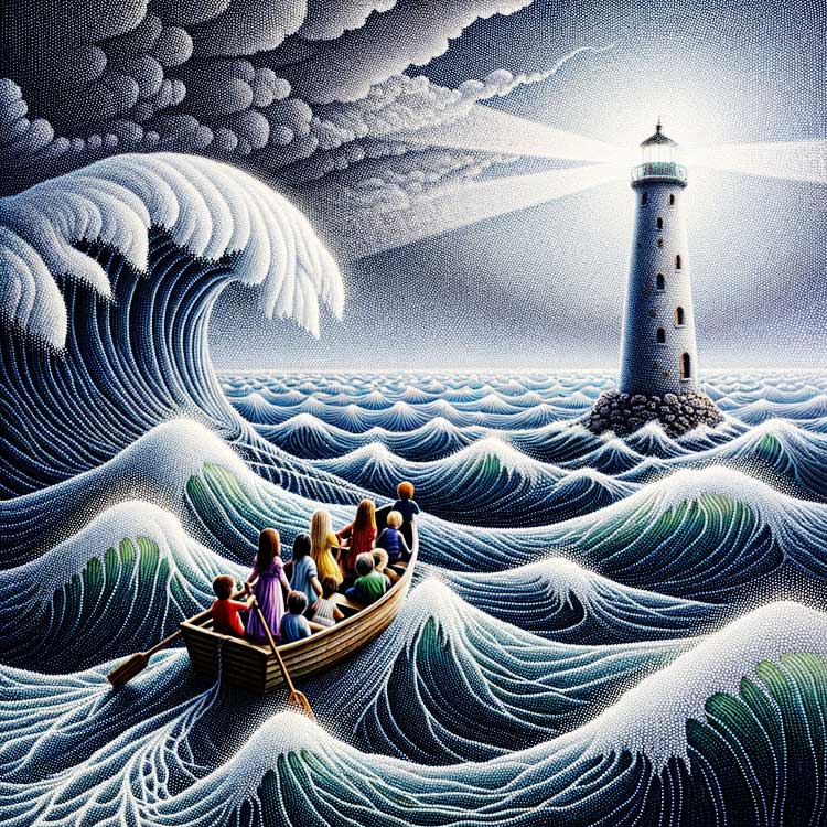 Peinture à l'huile pointilliste hyperréaliste représentant des enfants naïfs de genres et de milieux différents sur un délicat esquif naviguant sur un océan houleux symbolisant le web. Les vagues formées par des points méticuleux incarnent des dangers tels que la cyberdépendance et l'exposition à des contenus inappropriés. Un phare éloigné, symbolisant la sensibilisation et la protection des adultes, projette une lumière qui dévoile les risques cachés et éclaire le chemin vers un voyage en ligne sûr et bien informé.