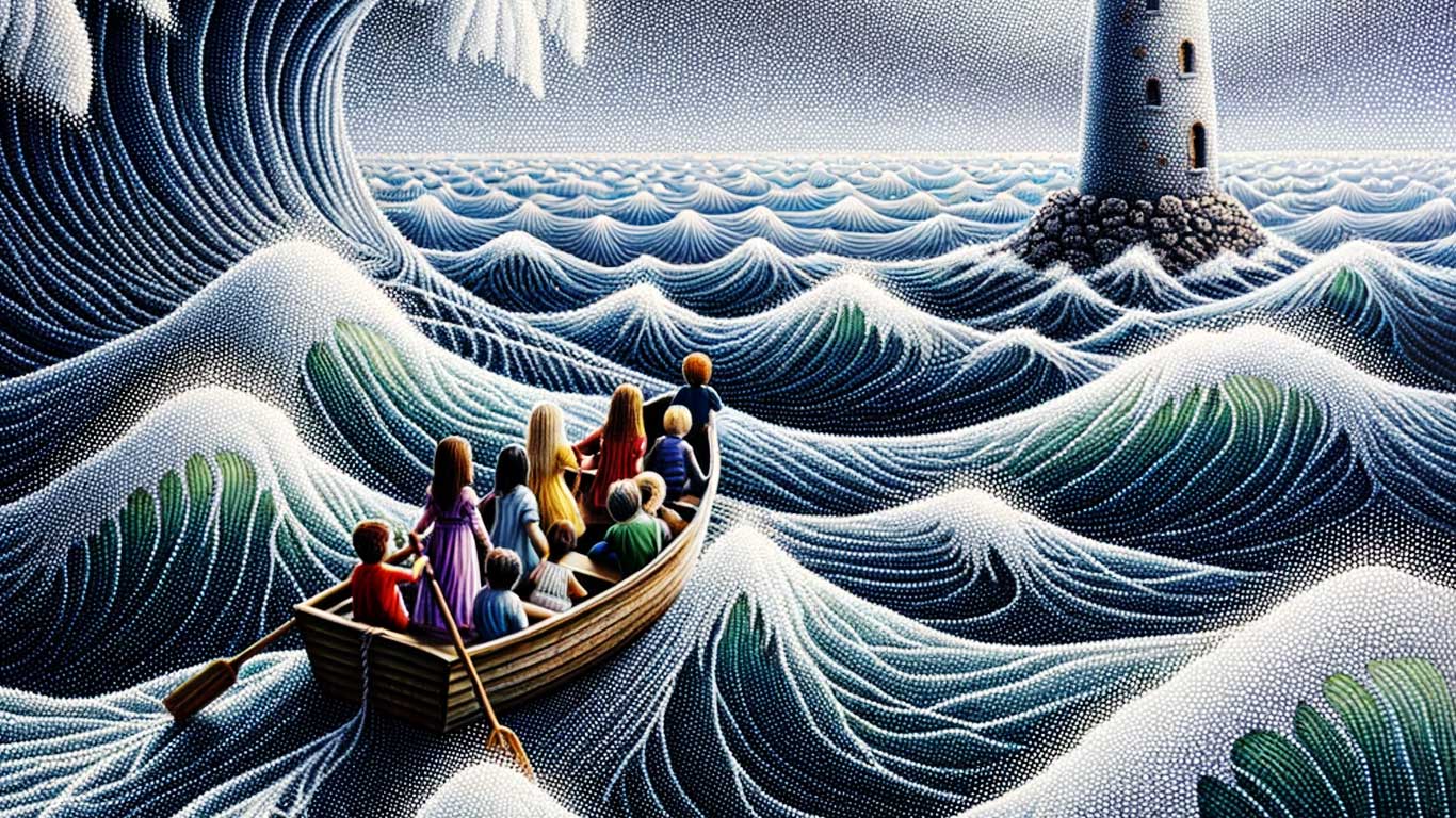 peinture enfants naifs sur ocean houleux