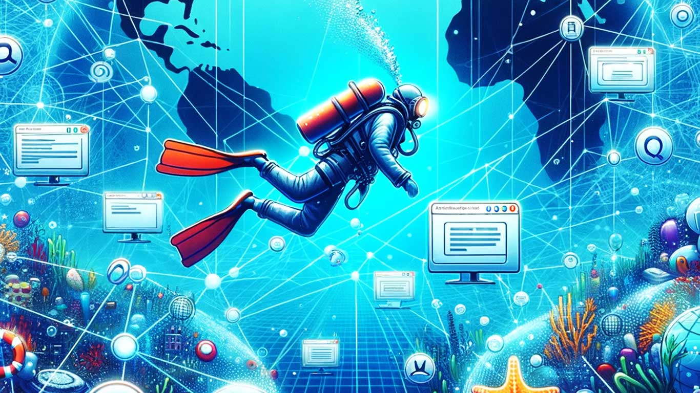 plongeur explorant un monde sous marin digital entoure de liens hypertextes et d icones