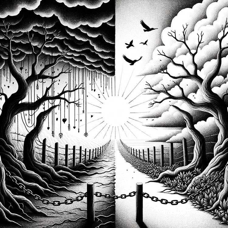 Illustration montrant la trahison et le pardon. La partie gauche est sombre avec des arbres épineux, des nuages lourds, et une silhouette solitaire, représentant la trahison. Des éléments tels que des cœurs endommagés et des chaînes brisées parsèment cette zone. La partie droite dépeint le pardon avec un ciel apaisant, un soleil chaleureux et une route menant vers une lumière brillante.