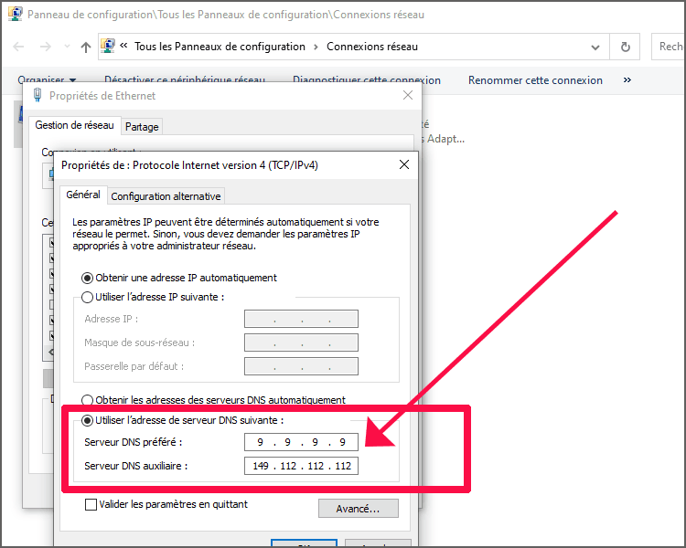 Configuration DNS manuelle dans les propriétés réseau.