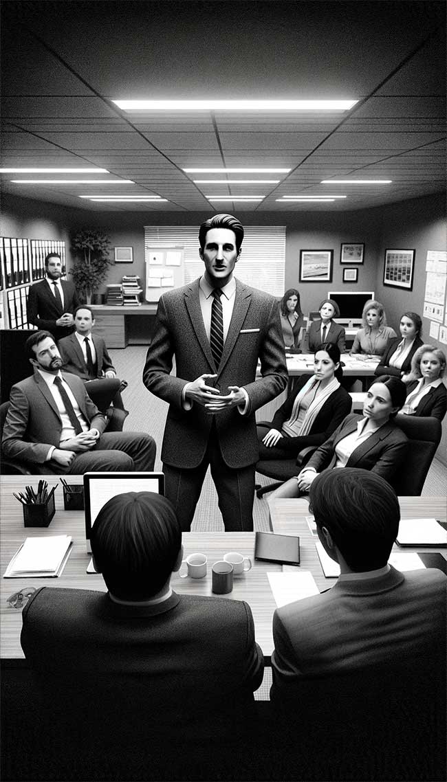 homme au travail essayant de convaincre ses collegues et patrons