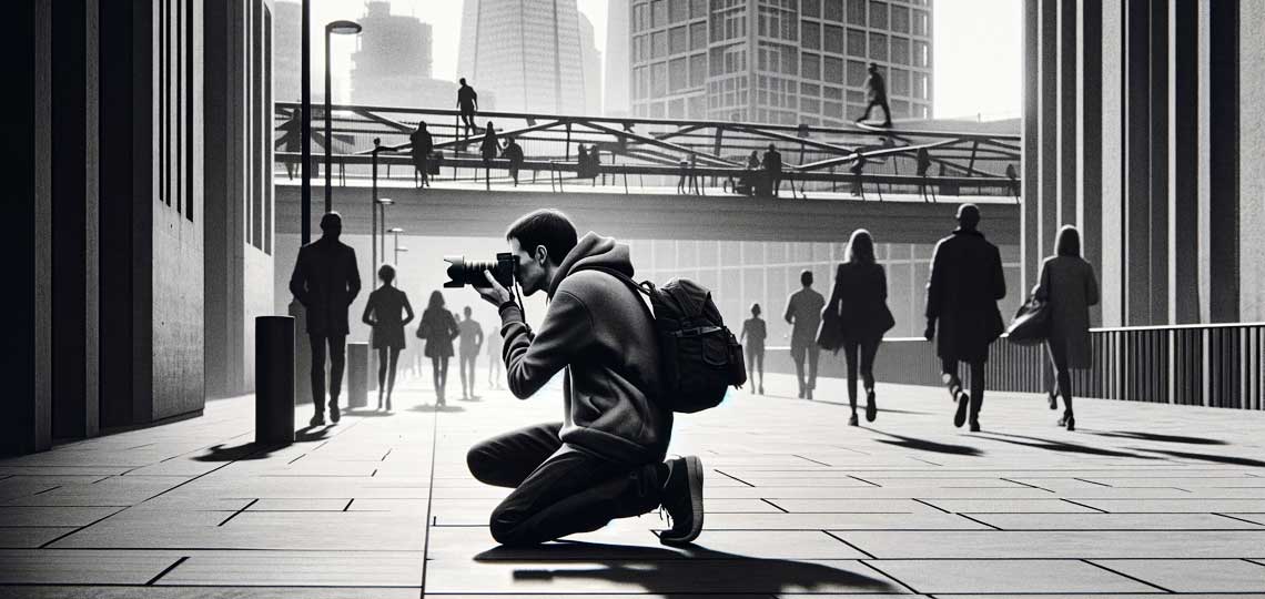 homme prend un cliche photographique dans la rue en noir et blanc
