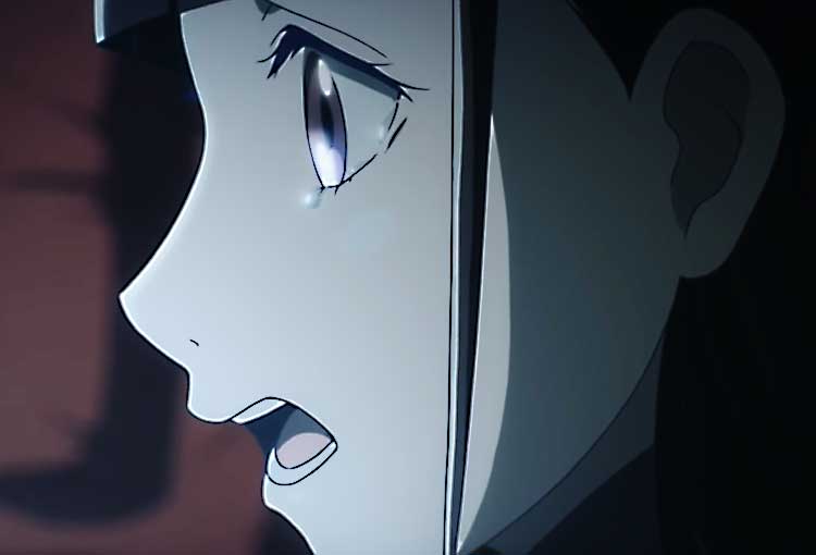 Visage anime triste en gros plan.