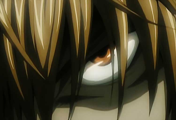 Oeil anime mystérieux entre mèches de cheveux.
