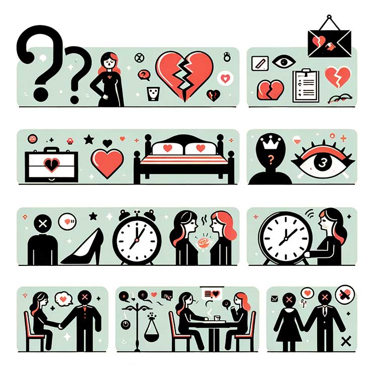 Illustrations séquentielles relations amoureuses et émotions.