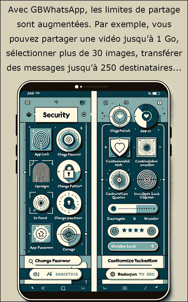 Smartphone affichant fonctionnalités GBWhatsApp.