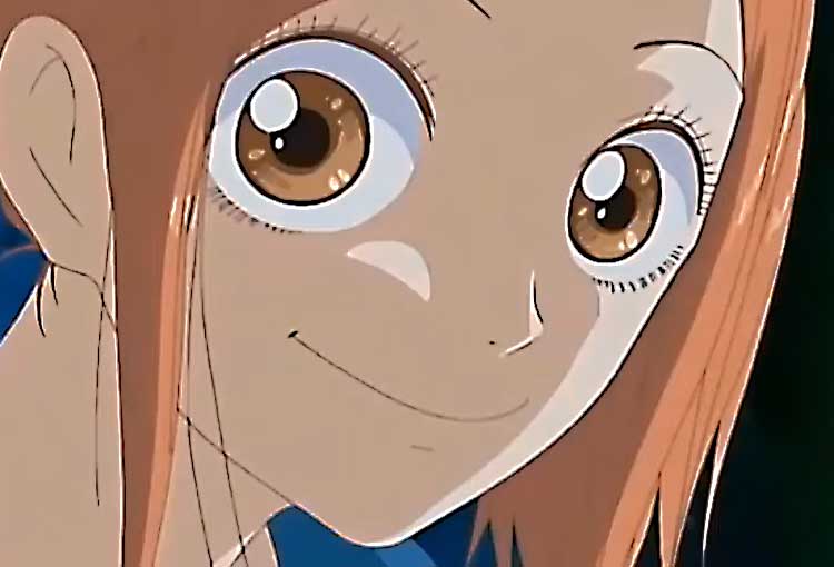 Jeune fille anime souriante aux grands yeux marron.