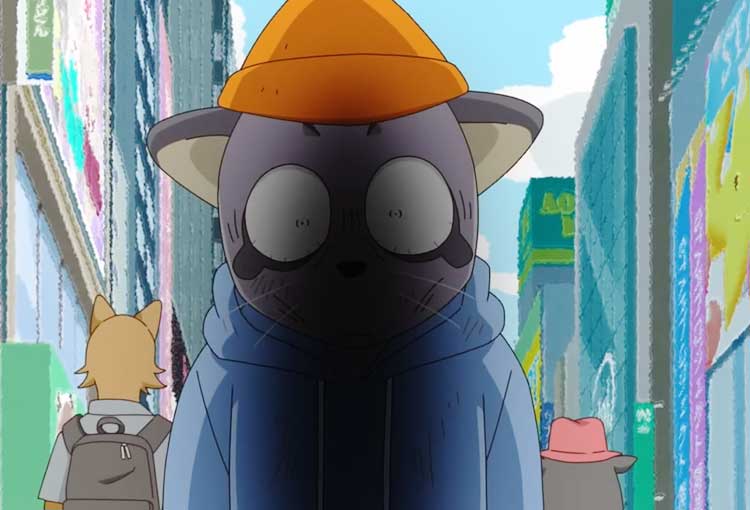 Personnage de chat animé avec chapeau orange.