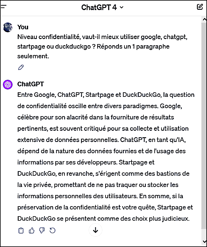 Capture d'écran discussion sur confidentialité moteurs de recherche.