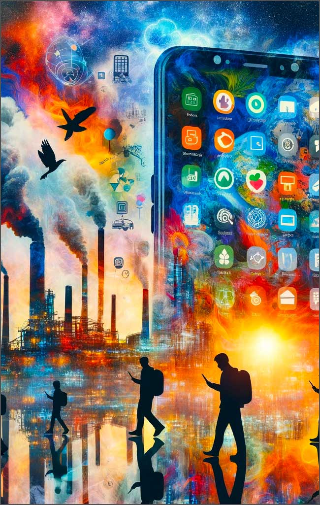 Smartphone, pollution, silhouettes, technologie, nature.