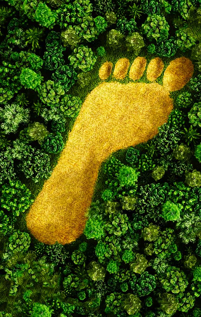 Empreinte de pied dans herbe verte.