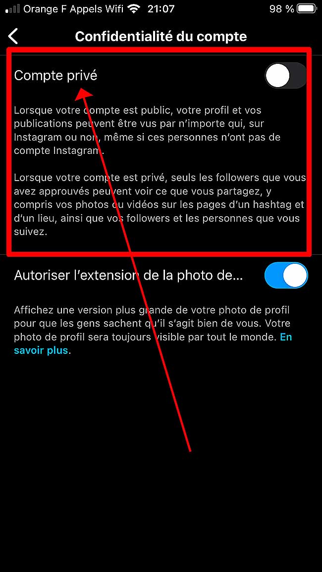 Paramètres de confidentialité Instagram, activation compte privé.