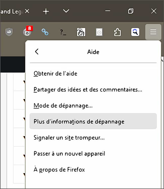 Menu d'aide ouvert dans un navigateur internet.