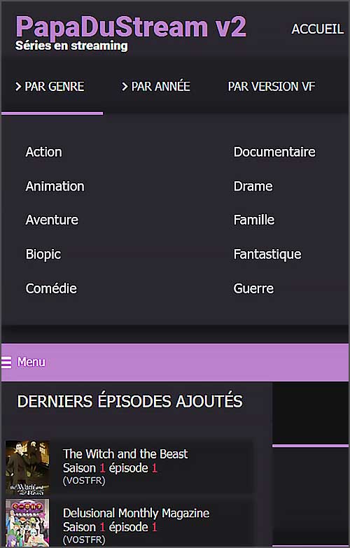 Site de streaming, menu avec catégories de séries.
