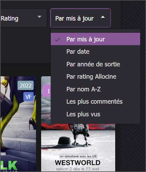 Menu de tri de série télévisée.
