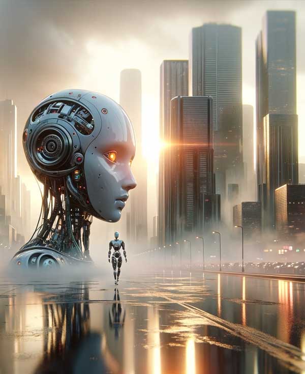 robot androide avec ia dans environnement futuriste
