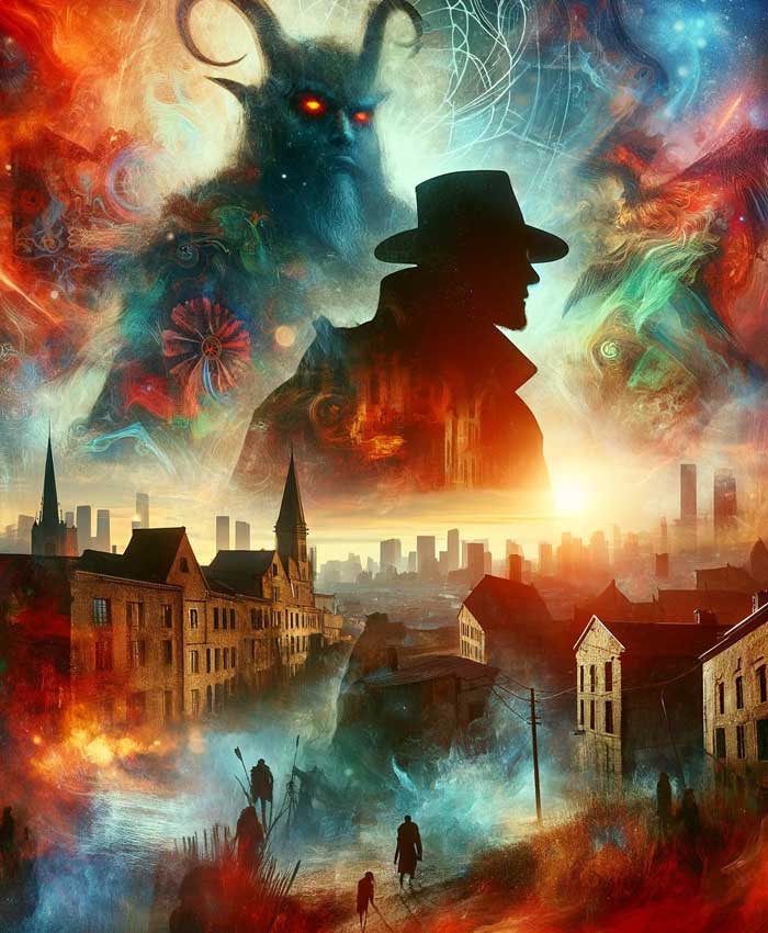 Art fantastique de silhouette et ville mystique.