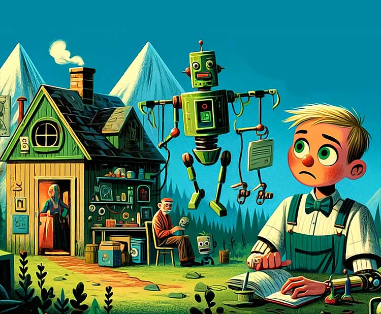 Illustration colorée d'une famille de robots et humain.