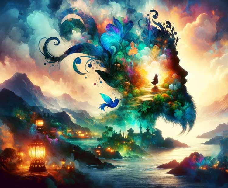 Peinture onirique, paysage fantastique coloré.