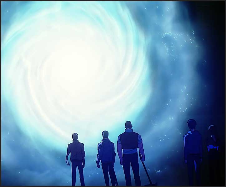 Personnes contemplant un vortex lumineux mystérieux.