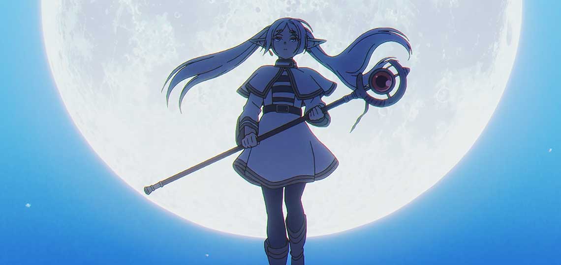 Personnage d'animation avec lune en arrière-plan.