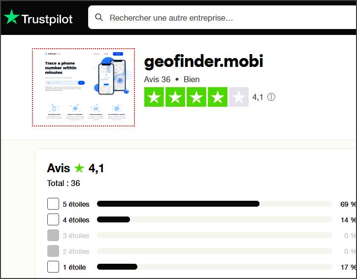 page trustpilot avec évaluation de geofinder.mobi