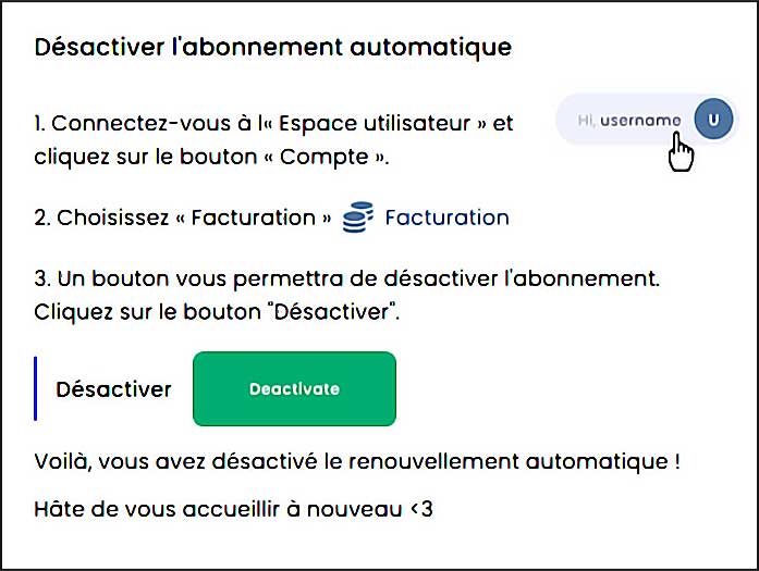 capture écran instructions désactivation abonnement automatique.
