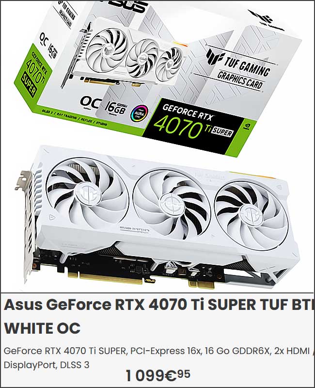 Carte graphique Asus RTX 4070 Ti blanche.